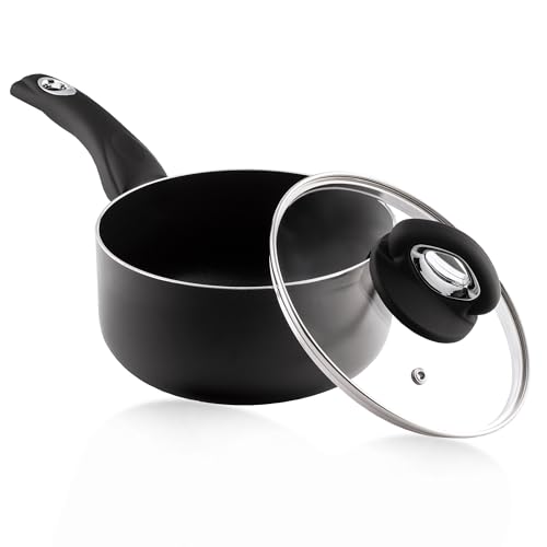 Premium 16cm Non-Stick Saucepan with Glass Lid, 1.8L Capacity, Soft Touch Handle, Steam Vent, Induction & All Hob Compatible, Dishwasher Safe, 2.5mm Pressed Aluminium
