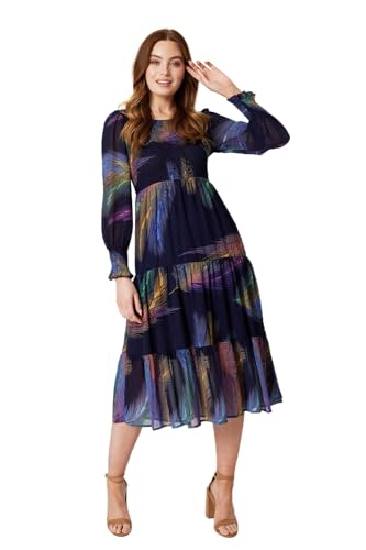 Izabel London Feather Print Midi Smock Dress for Women UK with Round Neck, Long Sleeves and Tiered midi Skirt. Multi Blue