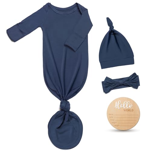 Image of Hello World Newborn Outfit Knotted Gown 0-3 Months, Baby Girl Boy Coming Home Sleeper with Sign
