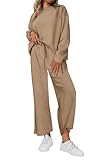 PRETTYGARDEN Women's 2 Piece Outfits Casual Long Sleeve Pullover Tops and Wide Leg Pants Knitted Lounge Sets (Khaki,X-Large)