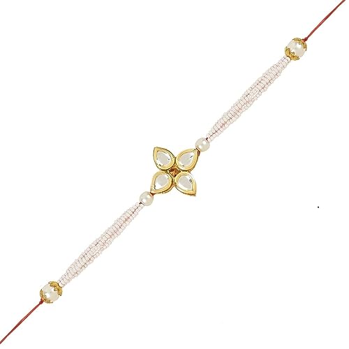 Image of I Jewels Rakshabandhan Designer Handcrafted Pearl & Kundan Rakhi With Roli Chawal for Brother /Bro /Men