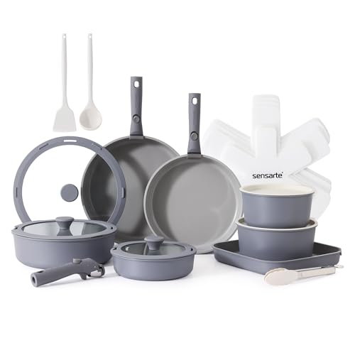 Image of SENSARTE 24 Piece Ceramic Pots and Pans Set, Nonstick Detachable Handle Cookware, Induction Kitchen Cookware Set with Removable Handle, Healthy Non Stick for RV, Dishwasher&Oven Safe, PFOA Free (Gray)