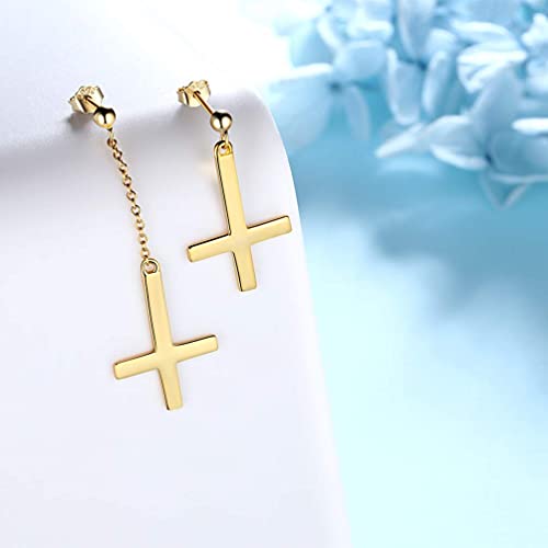Asymmetrical Long And Short Inverted Cross Drop Earrings For Men Women 925 Sterling Silver 18K Gold Plated Upside Down Cross Dangle Earrings Gothic Jewelry Gift Fe0076Y #TOP7