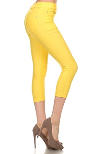 YELETE Women's Classic Solid Capri Jeggings (Yellow, Small)