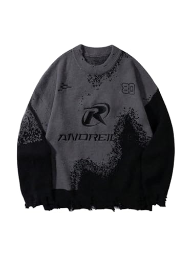 Men's Letter Graphic Sweater Gothic Raw Hem Long Sleeve Crew Neck Knitted Pullover Top