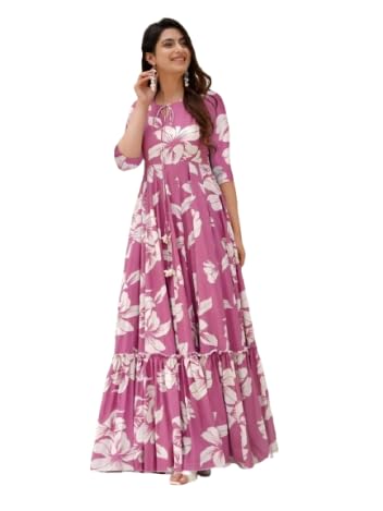 Women's Floral Printed Flared Maxi Dress with 3/4 Sleeves, Round Neck, Elegant Casual Long Dress-picture-47