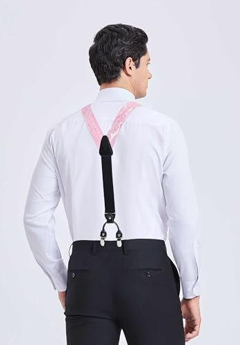 Image of HISDERN Suspenders for Men Paisley Floral Bow tie Suspender Pocket Square Sets Adjustable Y Shape 6 Clips Wedding Braces