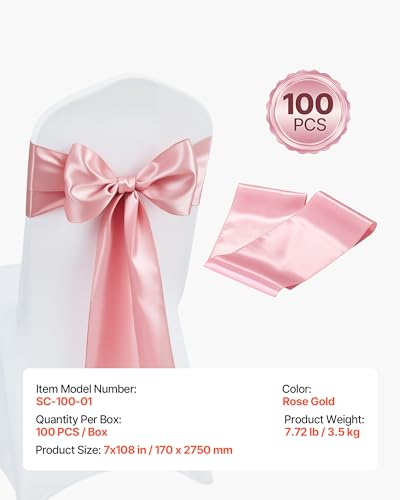Image of VEVOR Satin Chair Sashes Bows, Chair Ribbon Ties Back Sash, 7 x 108 inch, Wedding Reception Decoration, for Wedding Ceremony Baby Shower Party Events Banquet Cover Decoration (Rose Gold, 100pcs)