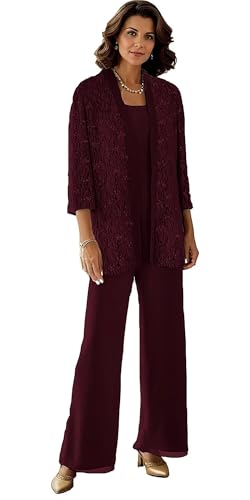 Elegant Burgundy Mother of the Bride Pantsuit Set with Jacket – 3 Pieces Chiffon Applique & Sequin Details, Size 12