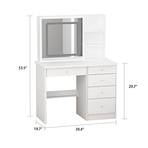 Fufu&Gaga Large Vanity Set Makeup Vanity Dressing Table With Sliding Lighted Mirror, 5 Drawers & Shelves, Dresser Desk And Cushioned Stool Set (White) #TOP6