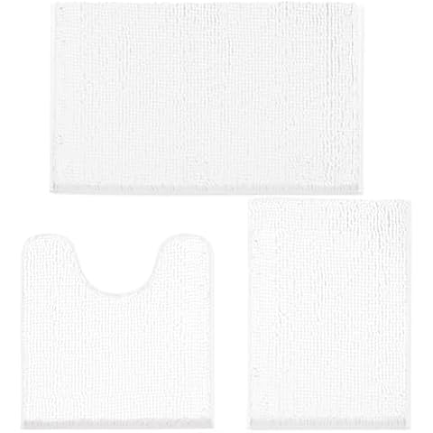 TREETONE Bathroom Rugs Sets, Thick Soft Absorbent 3 Piece Chenille Bath Rugs, Non-Slip, Dry Quickly, Machine Washable, Shaggy Mats with U-Shaped Toilet Rug for Bathroom Floor, Tub and Shower, White Cover