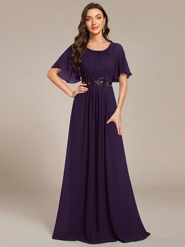 Image of Ever-Pretty Women's Classic Round Neck Pleated Short Sleeves Chiffon Appliques Floor Length A Line Formal Evening Dresses