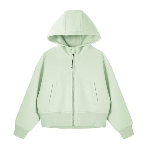 Rolanko Kapuzenpullover für Mädchen mit Reißverschluss, Gemütliche Langarm-Kapuzenjacke Lässiges Sweatshirt-Oberteil mit Taschen für Teenager, Grün, 11-12Jahre/160