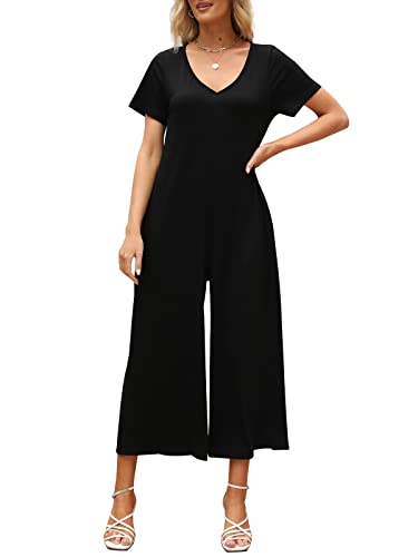 Qnasey Women's Casual Summer V Neck Short Sleeve Rompers Long Pants Jumpsuits With Pockets Large Black #TOP4