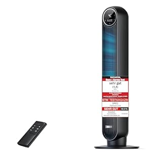 Dreo 20dB Leiser Turmventilator, 10 m Wurfweite 4 Geschwindigstufen 4 Modi 8 Std. Timer 90° oszillierende Ventilator mit Kühlung Fernbedienung für Schlafzimmer, Nomad One, Schwarz