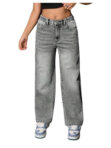 Floerns Girl's Straight Leg Denim Pants Elastic Waist Casual Mid Rise Jeans Streetwear