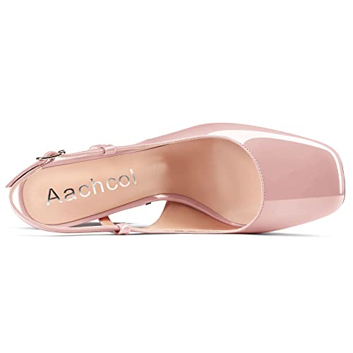 Aachcol Women Pumps Square Toe Slingback Ankle Strap Chunky Block High Heel Dress Shoes Party Wedding Patent 4 Inch4