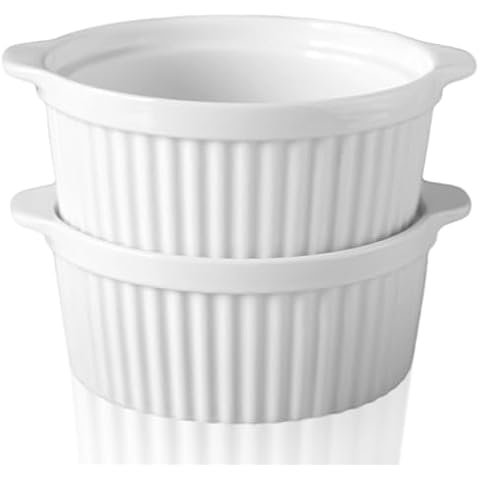 Cinf 32 oz White Ceramic Serve Rakemins With Handle 2 PACK Creme Brulee Set Separator Sauce Bowls Souffle Dish for Baking Oven Safe to 500F Cover