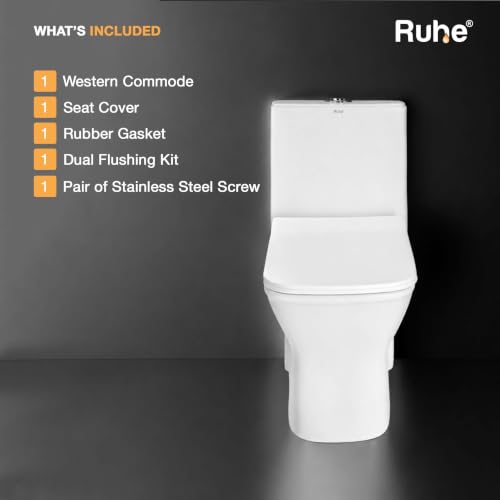 Image of Ruhe Aric One-Piece Western Toilet for Bathroom | S-Trap | White Glossy Ceramic | 27.1 x 14.3 x 29.1 inches | Soft-Close Seat Cover | Rubber Gasket Set | Dual Flushing | Siphonic Flush | Floor Mount
