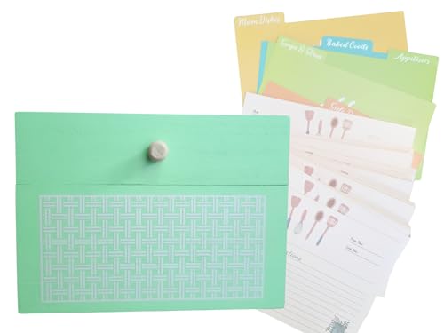 Recipe Box With 50 Cards and 10 Dividers with pen, made of wood, Wooden Box with rattan design, green color for Own Recipes.