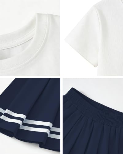 Image of Betusline Girls Skirt Set JK School Uniform 2-Piece Outfit - Short Sleeve & Webbing Solid Skirt,Letter Print,Dark BLue,7-8Years = Tag 140