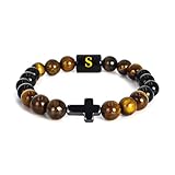 SOOWOOT Cross Bracelet for Men, Initial Bracelet for Men, initail A-Z design, Christian Gifts, Natural Tigers Eye Stone Beads, Easter Gifts