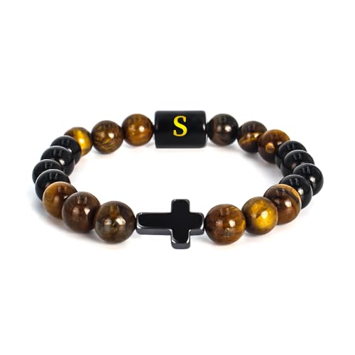 SOOWOOT Cross Bracelet for Men, Initial Bracelet for Men, initail A-Z design, Christian Gifts, Natural Tigers Eye Stone Beads, Easter Gifts