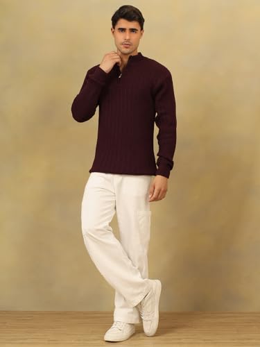 Image of Kvetoo Men's Full Sleeve High Neck Zipper Sweater| Warm Cable Knit Quarter Zip Pullover | Wool Winter Sweater for Casual & Office Wear