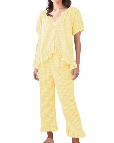 Image of codcm Womens Gingham Pajama Set 2 Piece Short Sleeve Babydoll Shirt and Pants Lounge Set Cute Sleepwear