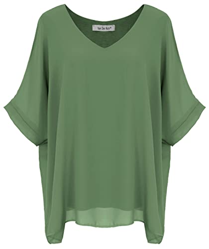Van Der Rich ® - Blusa Holgado de Gasa con Cuello en V Forro Interior - Mujer (Caqui, XL-XXL)