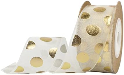 Nichemigo 1 Inch Wide Polka Dot Ribbon, Gold Dots Printed Organza Ribbons for Gift Wrapping Hair Bows Craft Sewing Invitation Floral Arrangement (11 Yards)