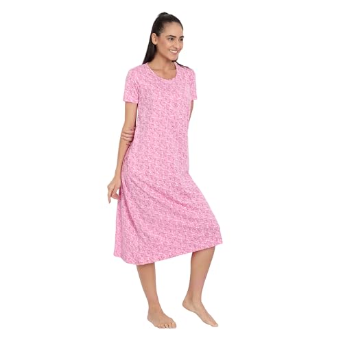 Image of BLAZON Women's Cotton Hosiery Elegant Maxi Nightdress with Lace Detailing, Floral Print, Pockets & Half Sleeves