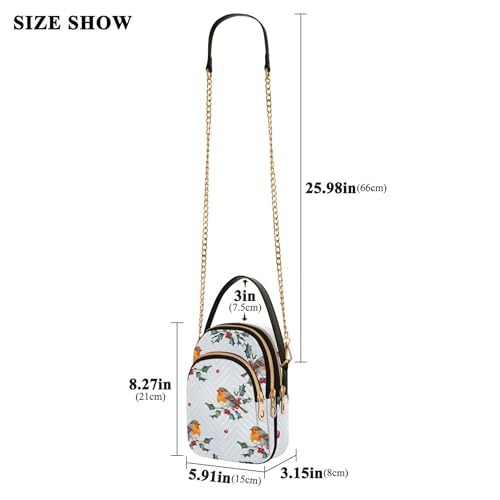 Shoulder Purse for Women Cartoon Birds Red Berries Winter Quilted Cell Phone Wallet Chain Purse Cute Zipper Bowler Tote Ladies Satchel, 5.9" × 8.3" × 3.1"3
