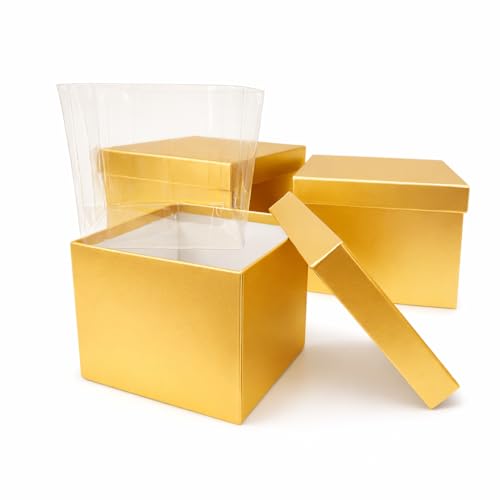 Image of Oasis Pack of 3 Premium Square Gift & Flower Hamper Boxes With Lid | Classic Bouquet Box for Flower Arrangements & Gift Hampers | Decorative Gift Packaging Box With Waterproof Liner - Gold