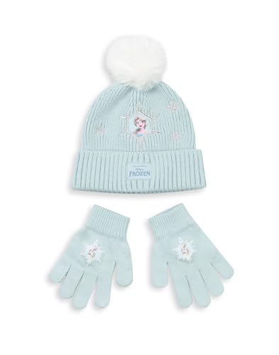 Disney Frozen Elsa - Conjunto de gorro y guantes para niñas, color azul claro, accesorios cálidos de invierno para niños con diseño de personajes