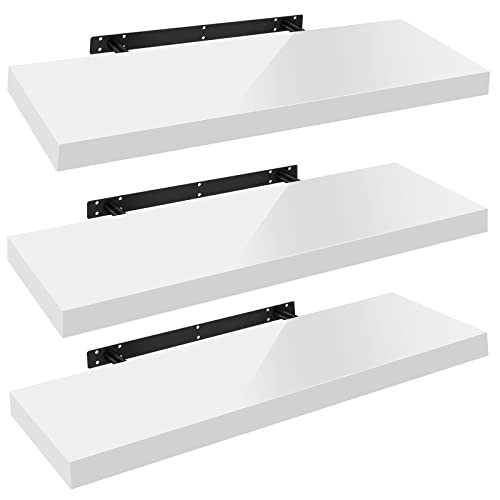 WOLTU Wandregal Hochglanz Weiß 3er Set Schweberegal,80x22.9x3.8 cm, Regal freischwebend, Galeriedisplay, Wanddeko für Wohnzimmer Schlafzimmer Küche, MDF, verdeckte Aufhängung