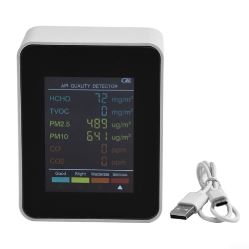 Moniteur de qualité de l'air, 6 en 1 C02 Détecteur PM2.5 PM10 HCHO TVOC Moniteur de qualité de l'air, détecteur de température et d'humidité clair avec grand écran, pour la maison, le bureau, l'école