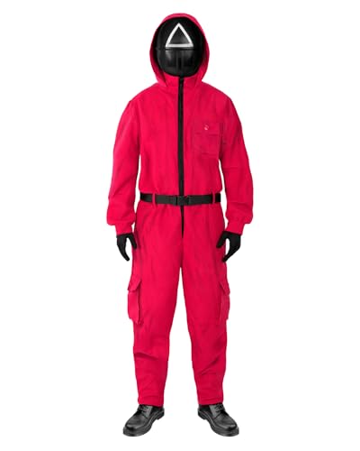 Disfraces de Películas de Cine & Trajes de Series de TV 14 Funidelia Disfraz Oficial El Juego del Calamar Netflix para Hombre y Mujer con máscara triángulo, Mono Squid Game para Adulto, Disfraces de Carnaval, Halloween y Fiestas – Talla L - XL