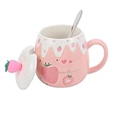 VALICLUD Taza Cerámica con Tapa y Cuchara Diseño y Adorable Rosa para Parejas para Café Leche y Té Capacidad Fácil de Limpiar