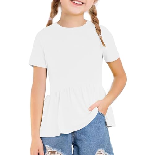 Girls Basic T-Shirt Kids Fashion Short Sleeve with Flowy Hem Cute Teen Girls Summer Casual Blouse Holiday Clothing