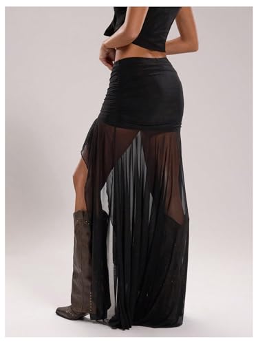 Verdusa Women's Sheer Mesh Pleated Maxi Skirt Split Thigh Asymmetrical Bodycon Long Skirts2
