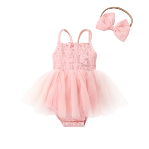 CBHAIBLYD Infant Baby Girl Summer Romper Dress Sleeveless Strap Mesh Tutu Skirt Backless Bodysuit with Headband(Pink,9-12M)