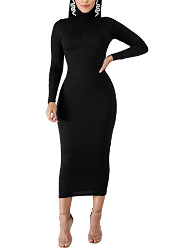 BORIFLORS Women's Sexy Basic Long Sleeve Turtleneck Bodycon Party Long Pencil Dress,Large,Black - Image 5