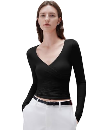 SUUKSESS Women Sexy V Neck Long Sleeve Shirts Double Lined Fitted Cross Wrap Going Out Tops Fall Outfits (Black,M)