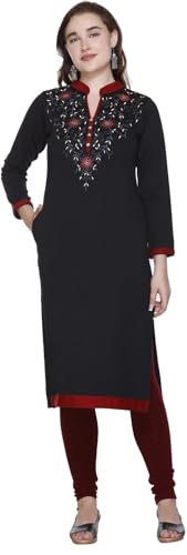 Image of Rosary Women's Winter Woolen Kurti Embroidered Straight Fit Ethnic Wear with 2 Side Pockets