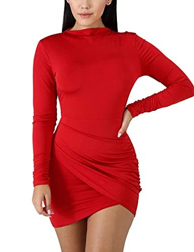 BORIFLORS Women's Sexy Wrap Front Long Sleeve Ruched Bodycon Mini Club Dress,Large,Red
