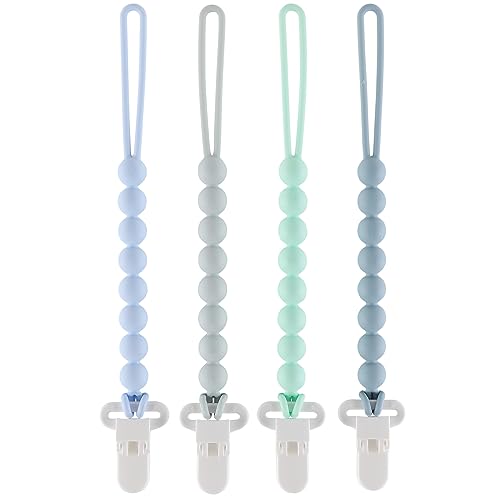 Image of Silicone Pacifier Clip, 4 Pack One Piece Beads Pacifier Clip Holder for Baby Boys Girls, Flexible Pacifier Clips for Baby Essentials, Safe for Newborns, Teething Relief, Rust-Free Holder Clip