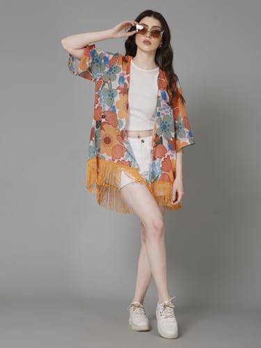 Image of PURYS Floral Print Shrug for Women | Lightweight Georgette Kimono| Versatile Casual Shrug for Layering and Summer Fashion