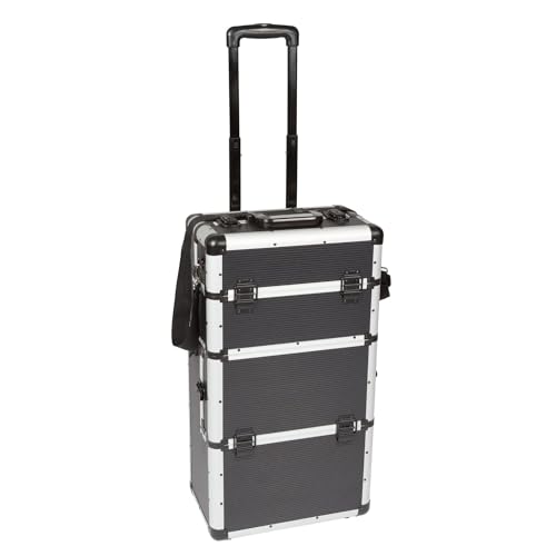 Perel Mallette à outils à roulettes en aluminium noire, trolley avec poignée télescopique, 3 compartiments avec organiseur et bac, serrure à clé avec 2 clés, 370...