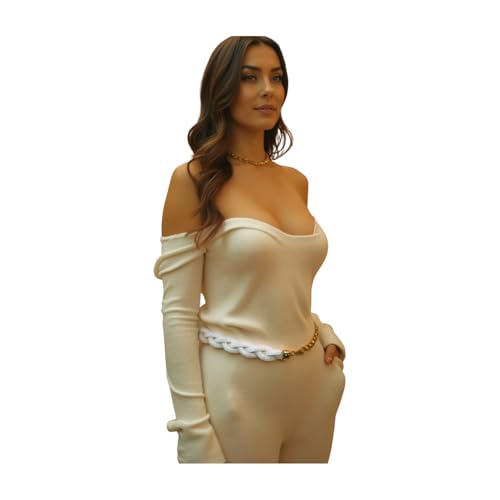 Women Fashion Gold Metal Chain Belt Hip Waist White Braided Mesh Bling Beads S M3